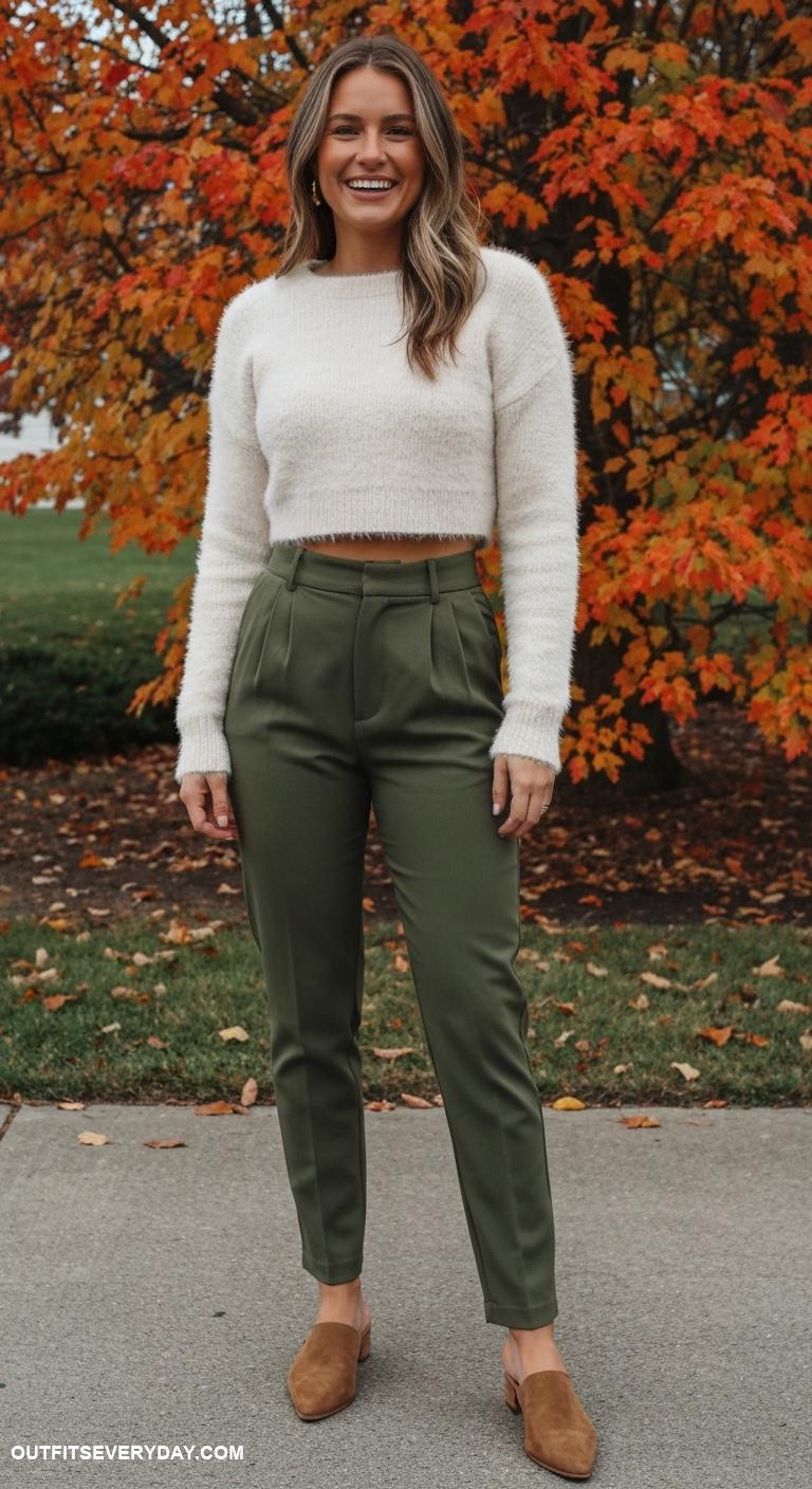 sweater weather outfits Fuzzy cropped sweater with high waisted tailored trousers and mules