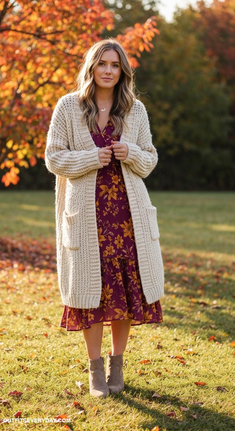 sweater weather outfits Long knit cardigan paired with a midi dress and ankle booties