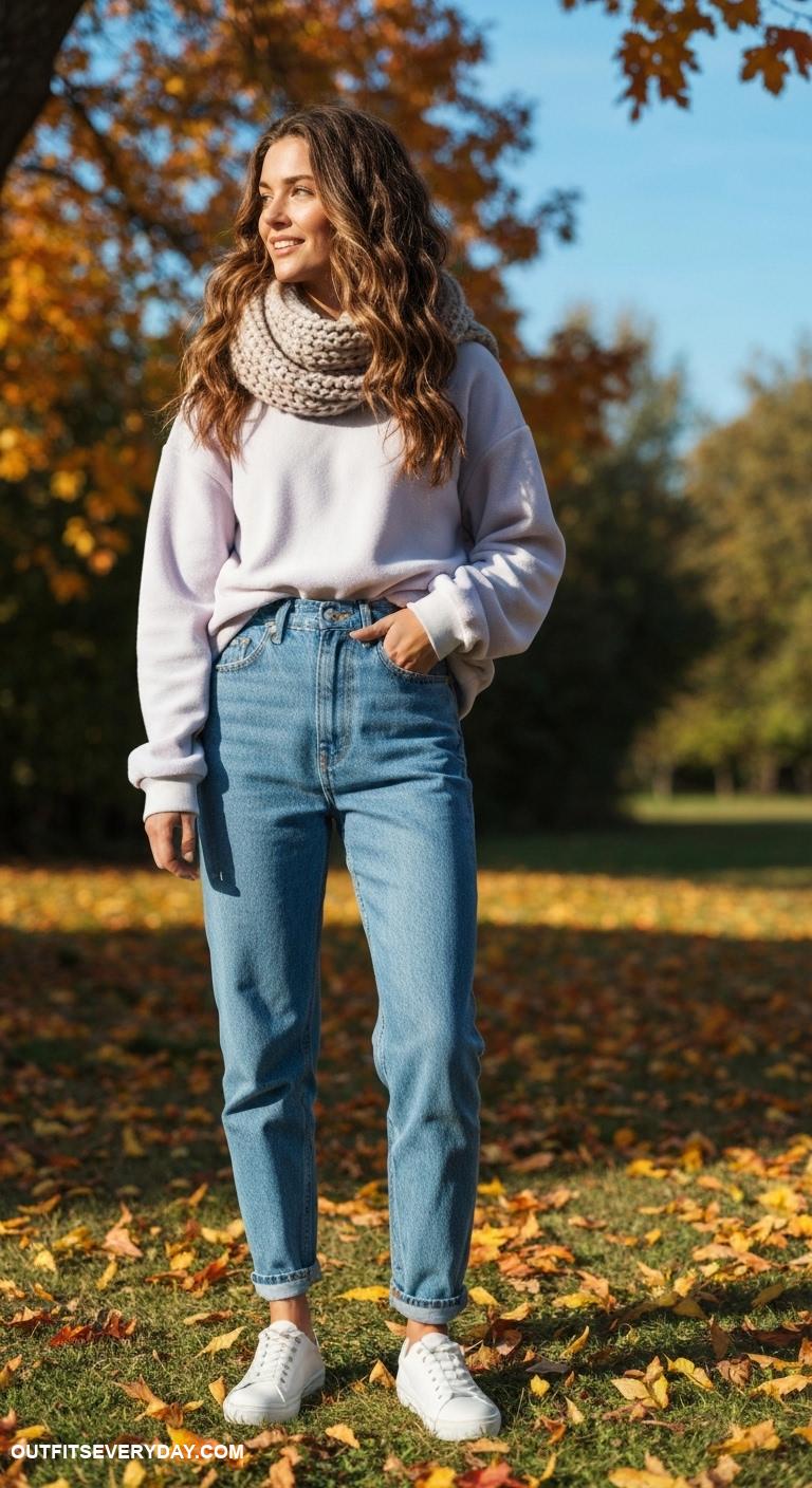 sweater weather outfits Oversized fleece sweatshirt paired with high waisted mom jeans