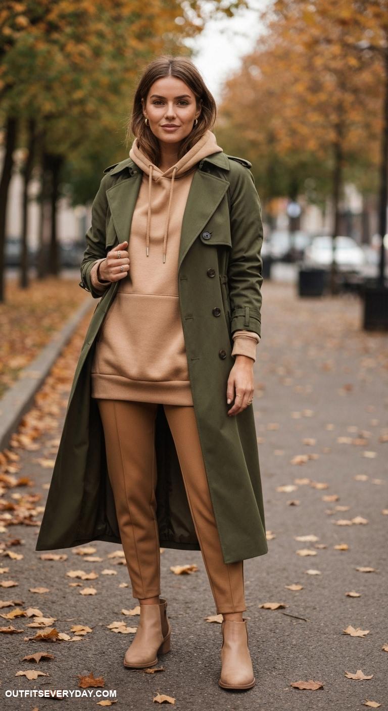 sweater weather outfits Pullover hoodie layered with a stylish trench and tailored joggers