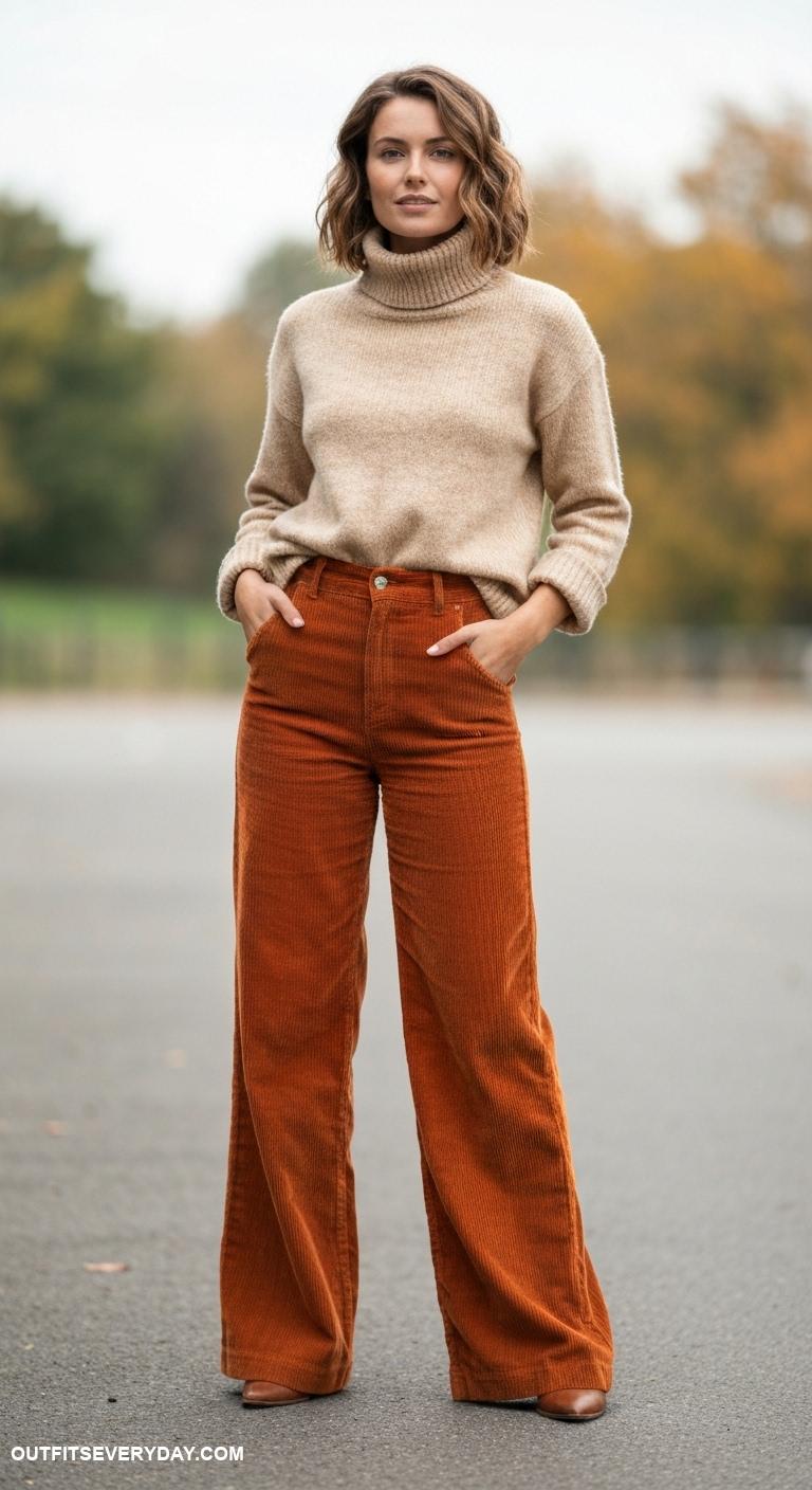 sweater weather outfits Turtleneck sweater tucked into wide leg corduroy pants