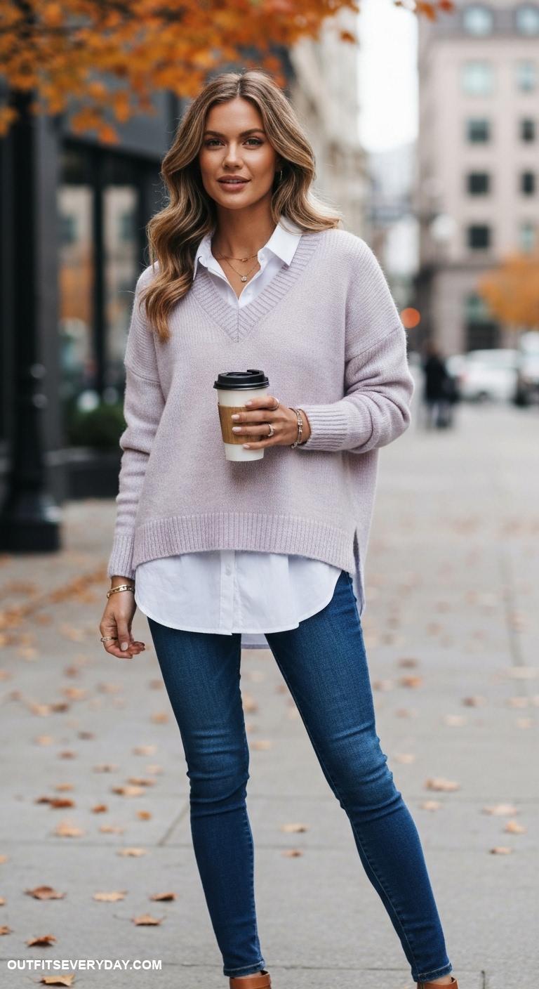 sweater weather outfits V neck oversized sweater over a button up shirt and skinny jeans