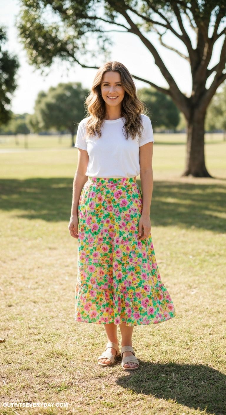 t shirt outfits Classic white tee tucked into a floral midi skirt with sandals
