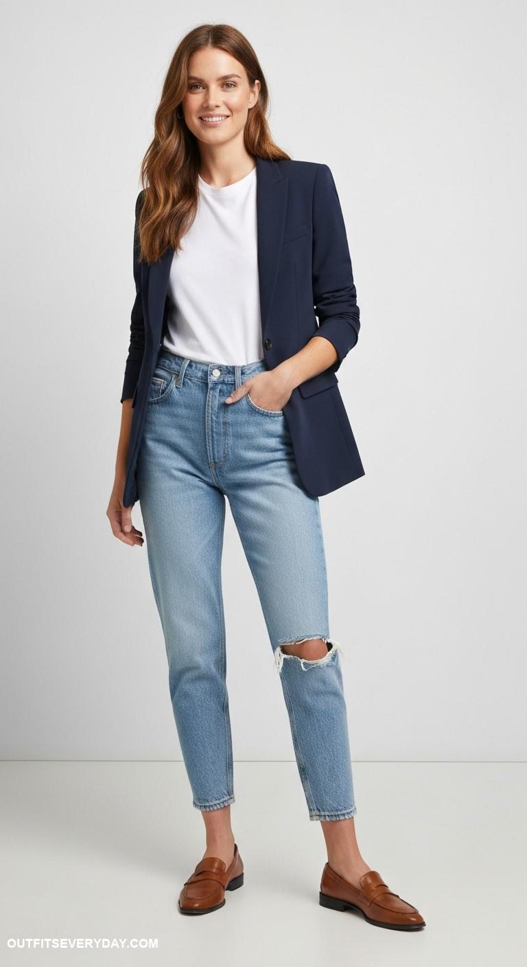 t shirt outfits Fitted tee under a tailored blazer with mom jeans and loafers