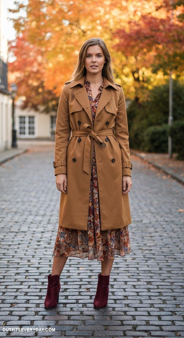 trendy fall outfits Belted trench coat over a flowy midi dress and ankle booties
