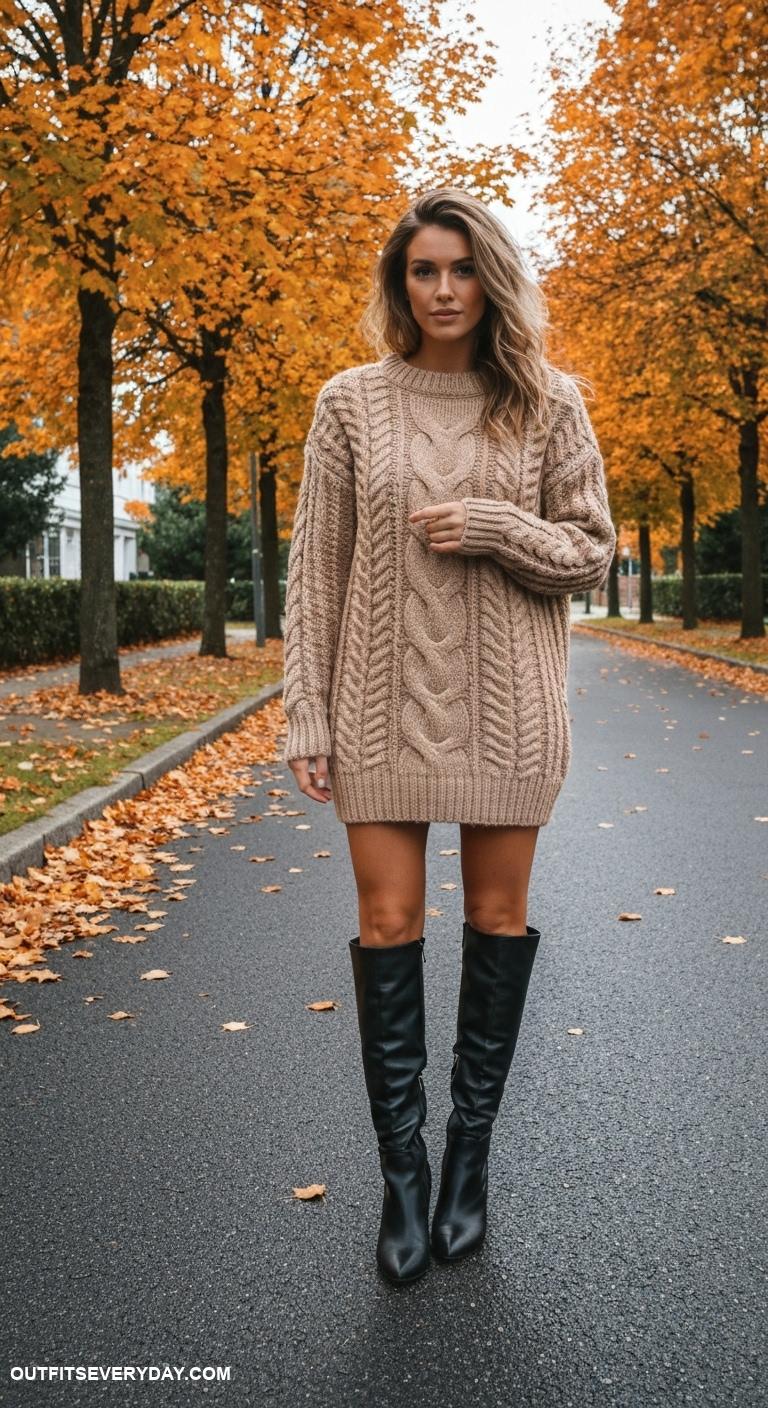 trendy fall outfits Chunky cable knit sweater dress with knee high leather boots