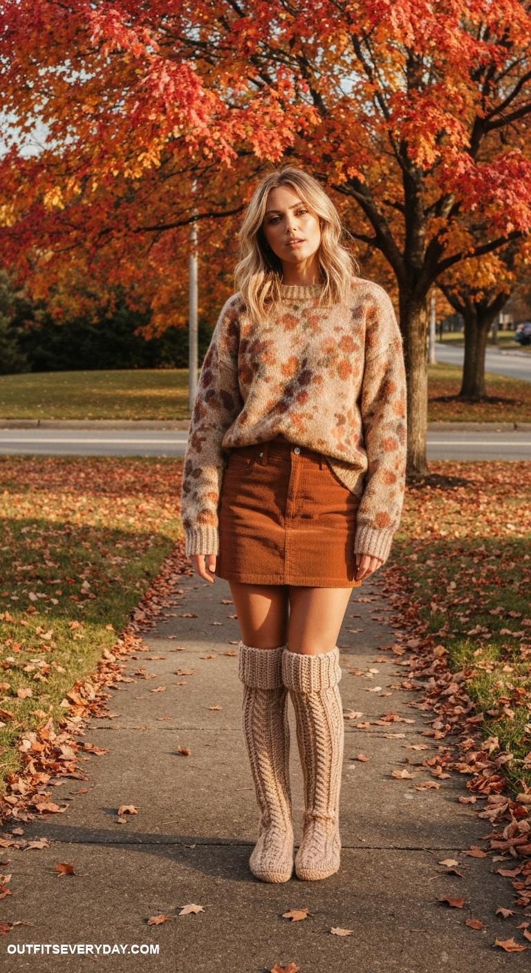 trendy fall outfits Corduroy mini skirt with a vintage sweater and thigh high socks