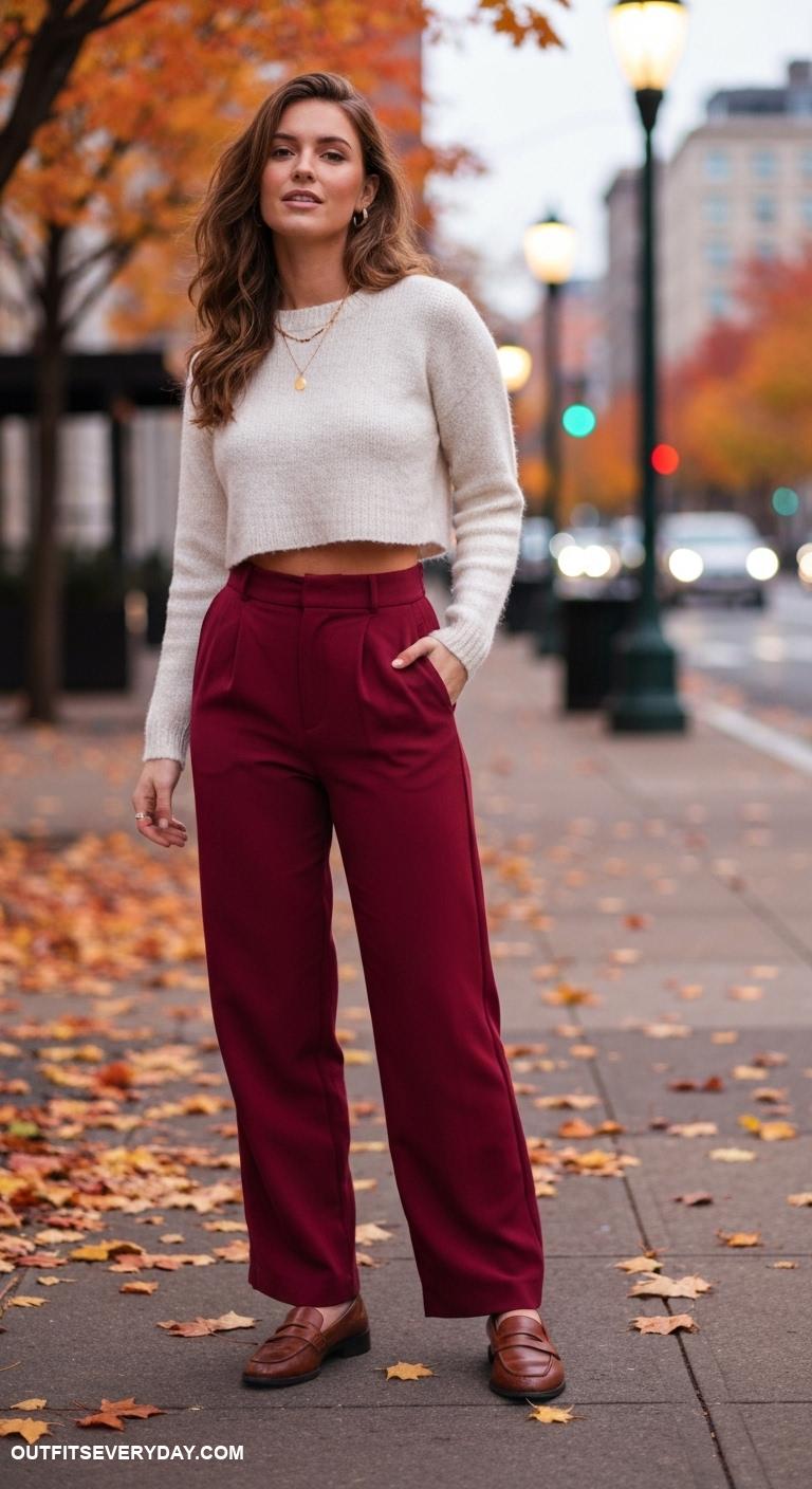 trendy fall outfits High waisted wide leg trousers with a cropped sweater and loafers