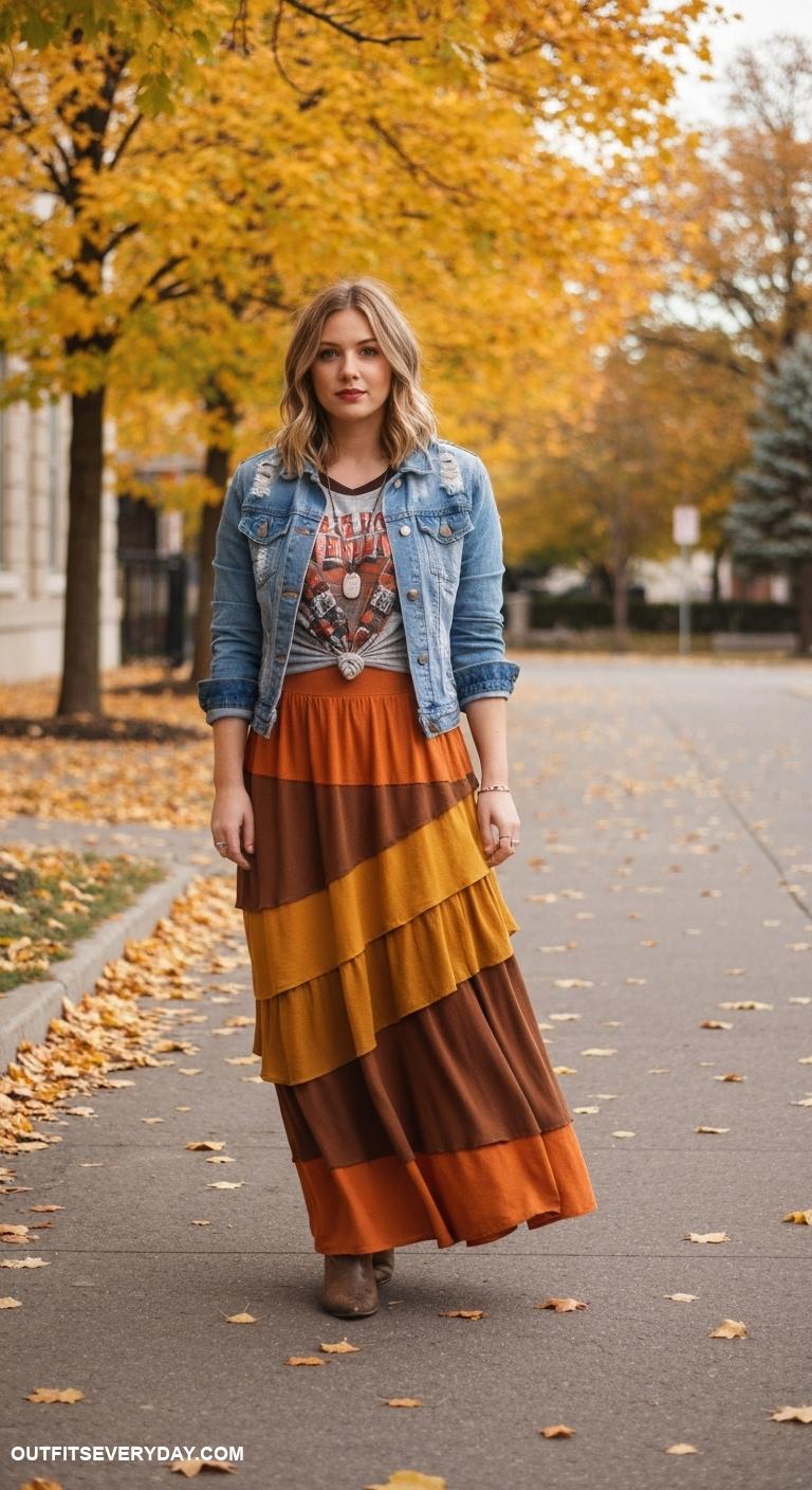 trendy fall outfits Layered maxi skirt with a fitted graphic tee and denim jacket