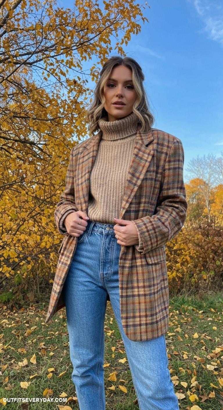 trendy fall outfits Oversized plaid blazer with a knit turtleneck and mom jeans