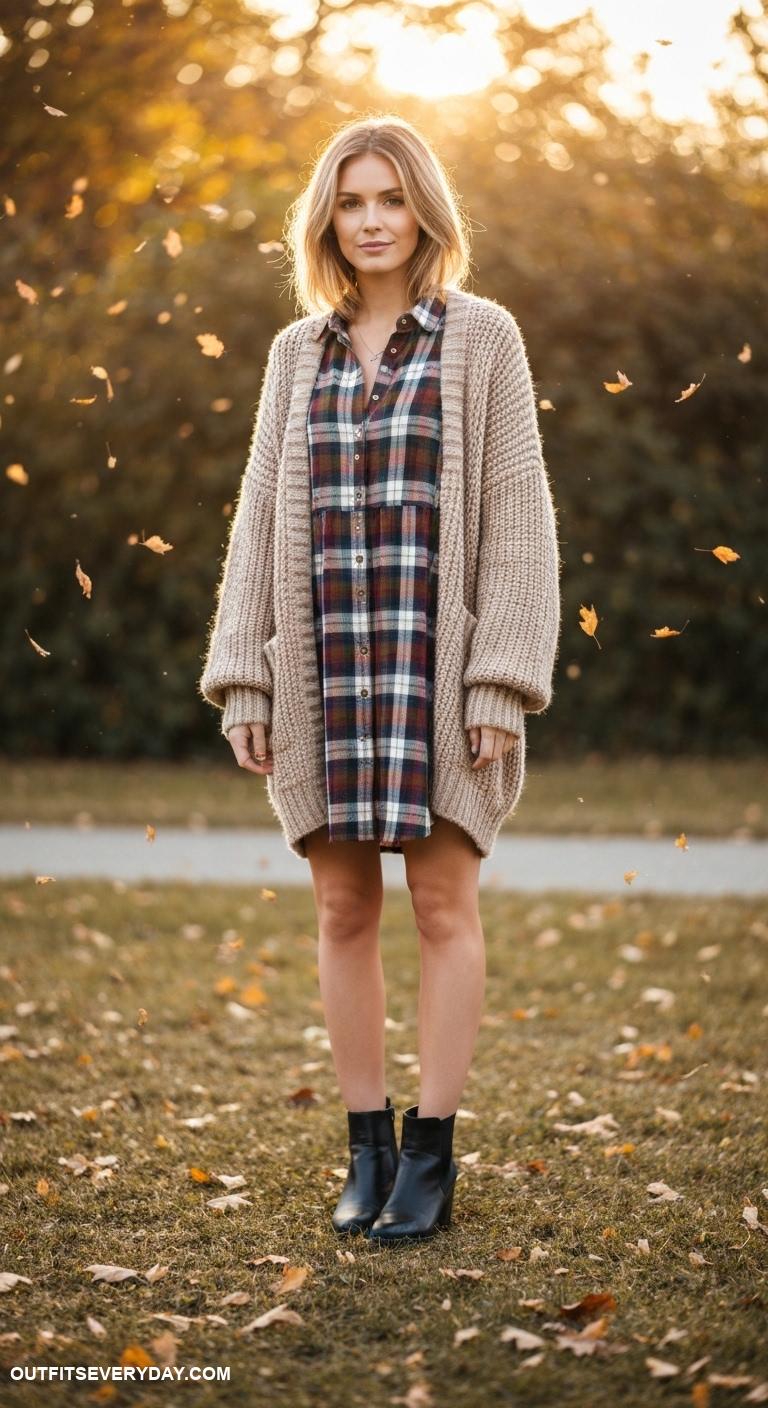 trendy fall outfits Plaid shirt dress layered with a chunky cardigan and ankle boots