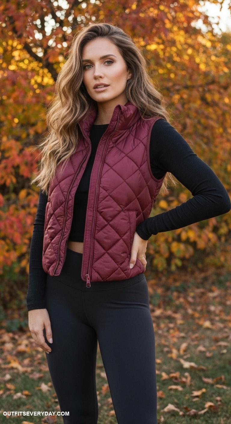 trendy fall outfits Quilted puffer vest with a fitted long sleeve top and leggings