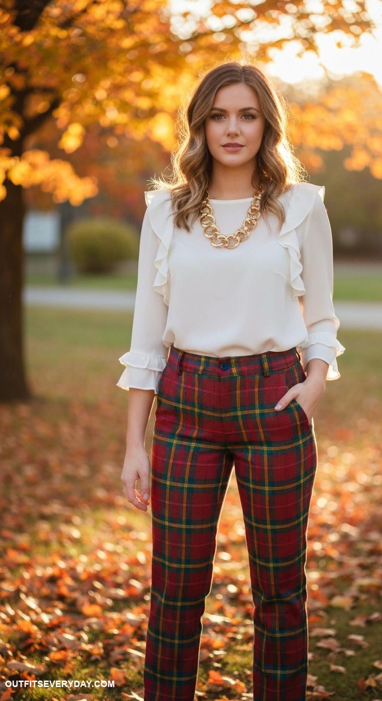 trendy fall outfits Tartan printed trousers with a white blouse and statement necklace