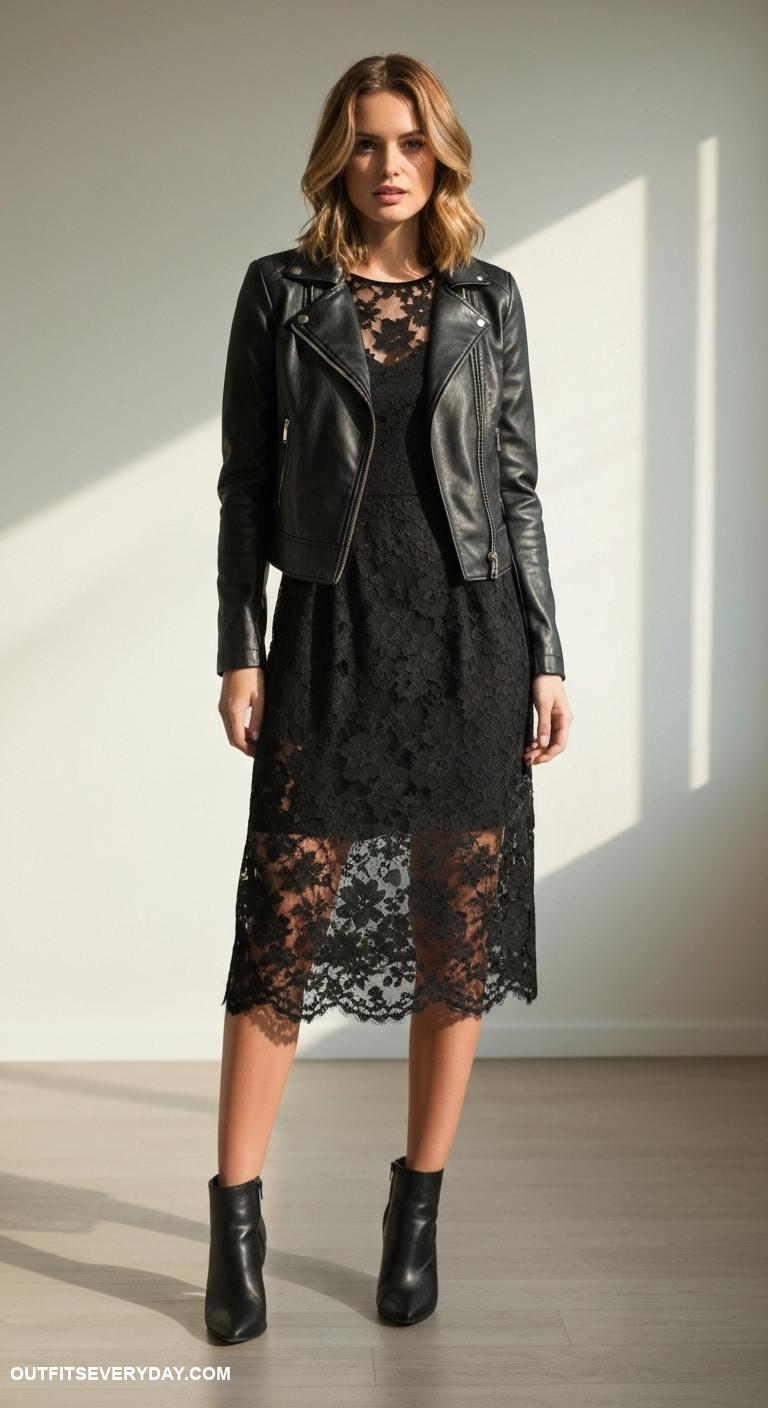 black party dress outfit Floral lace black dress layered with a leather jacket and ankle boots