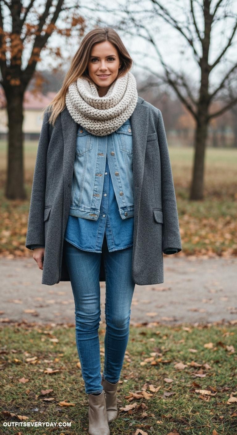 cold weather outfits Double denim with a thick wool blazer and scarf for added warmth