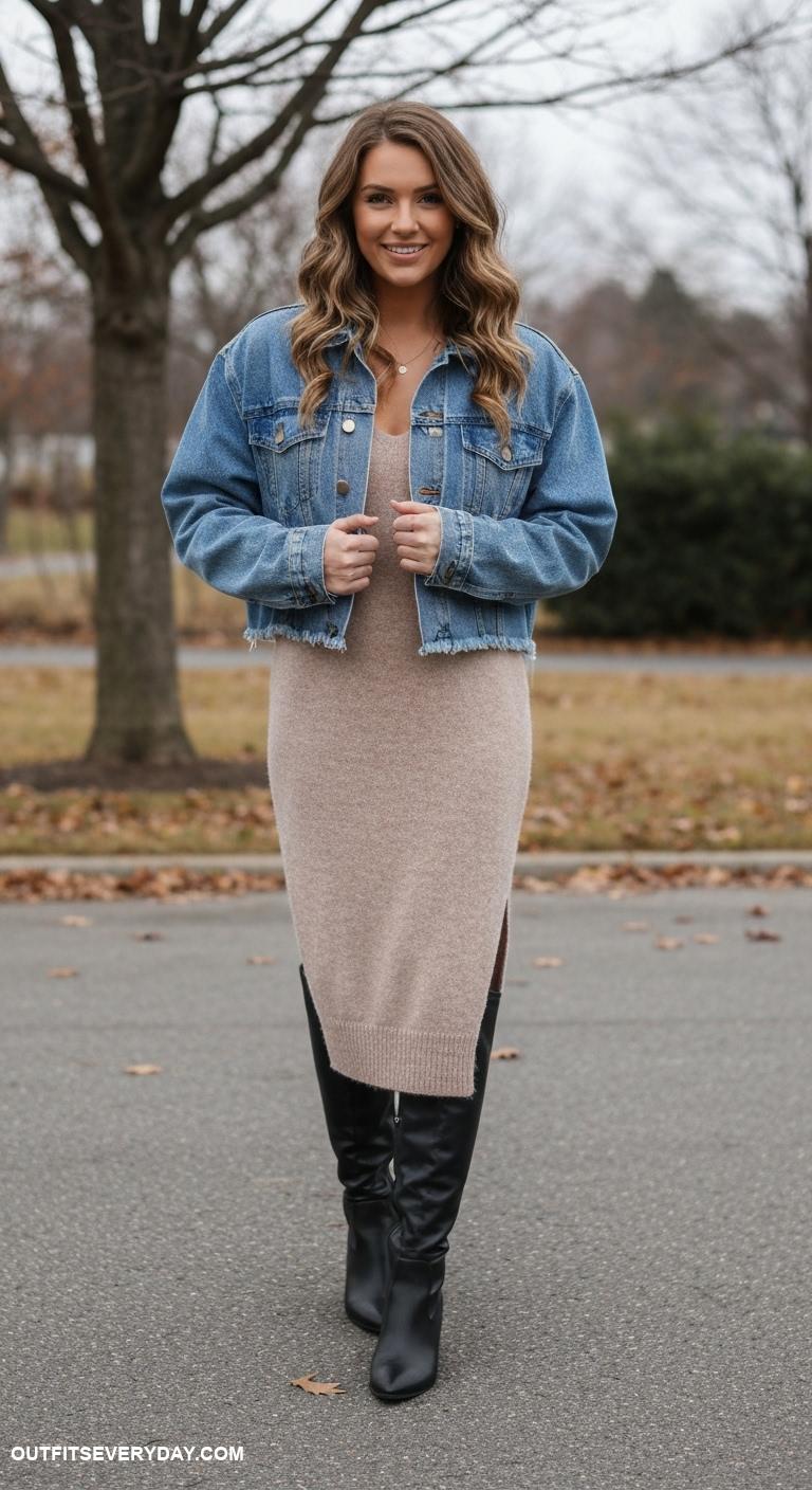 cold weather outfits Knit midi dress with a cropped denim jacket and stylish knee boots