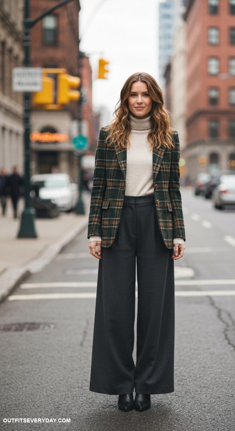 cold weather outfits Layered turtleneck under a plaid wool blazer with wide leg trousers