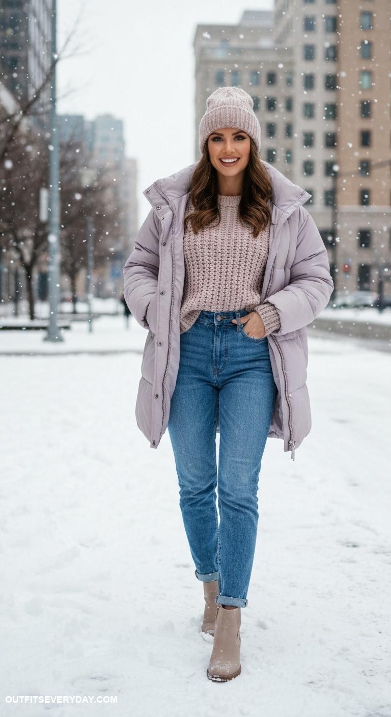 cold weather outfits Oversized puffer coat with a matching beanie and high waisted jeans