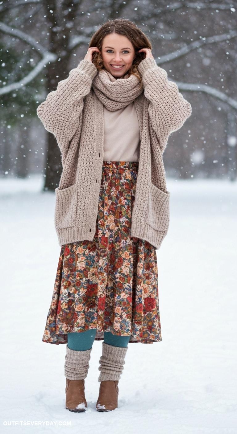 cold weather outfits Printed maxi skirt layered with thermal tights and a cozy cardigan