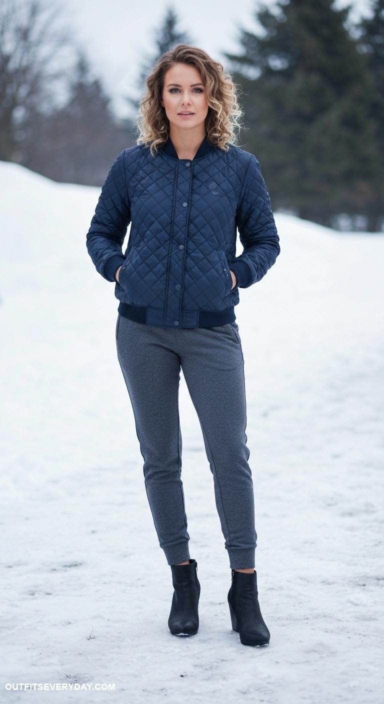 cold weather outfits Sporty look with a quilted bomber jacket and joggers with ankle booties
