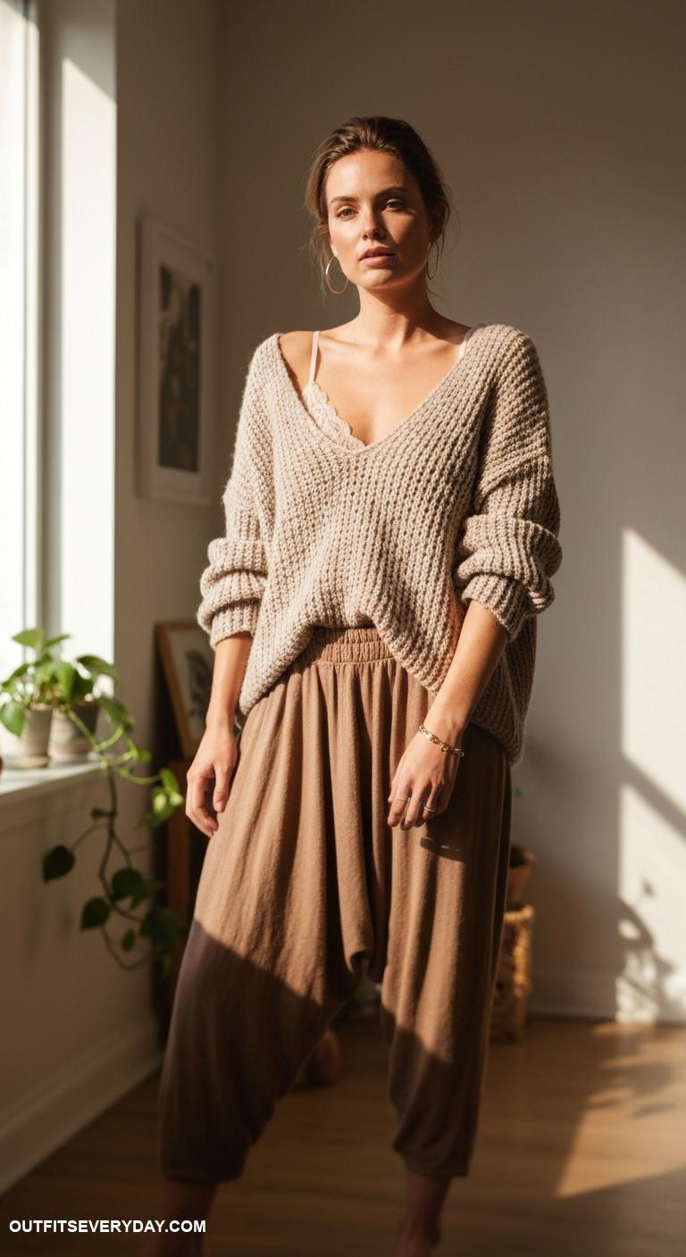 cozy outfits Harem pants combined with a slouchy knit sweater