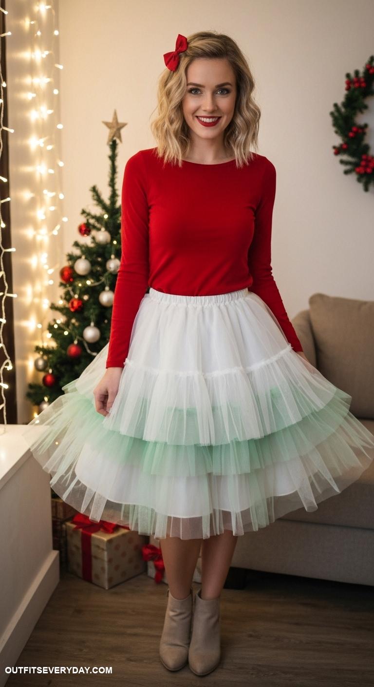 cute christmas outfits Layered tulle skirt with a simple fitted long sleeve top