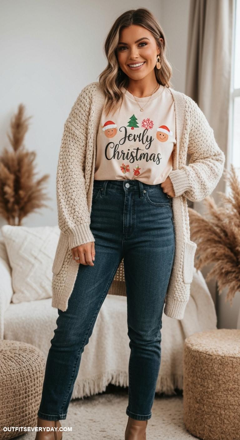 cute christmas outfits Soft cream knitted cardigan over a festive graphic tee