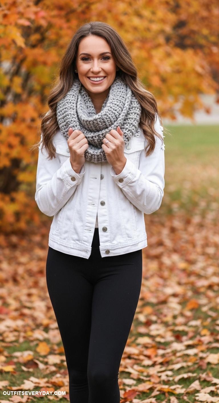 cute thanksgiving outfits Chunky knit scarf with a white denim jacket and black leggings