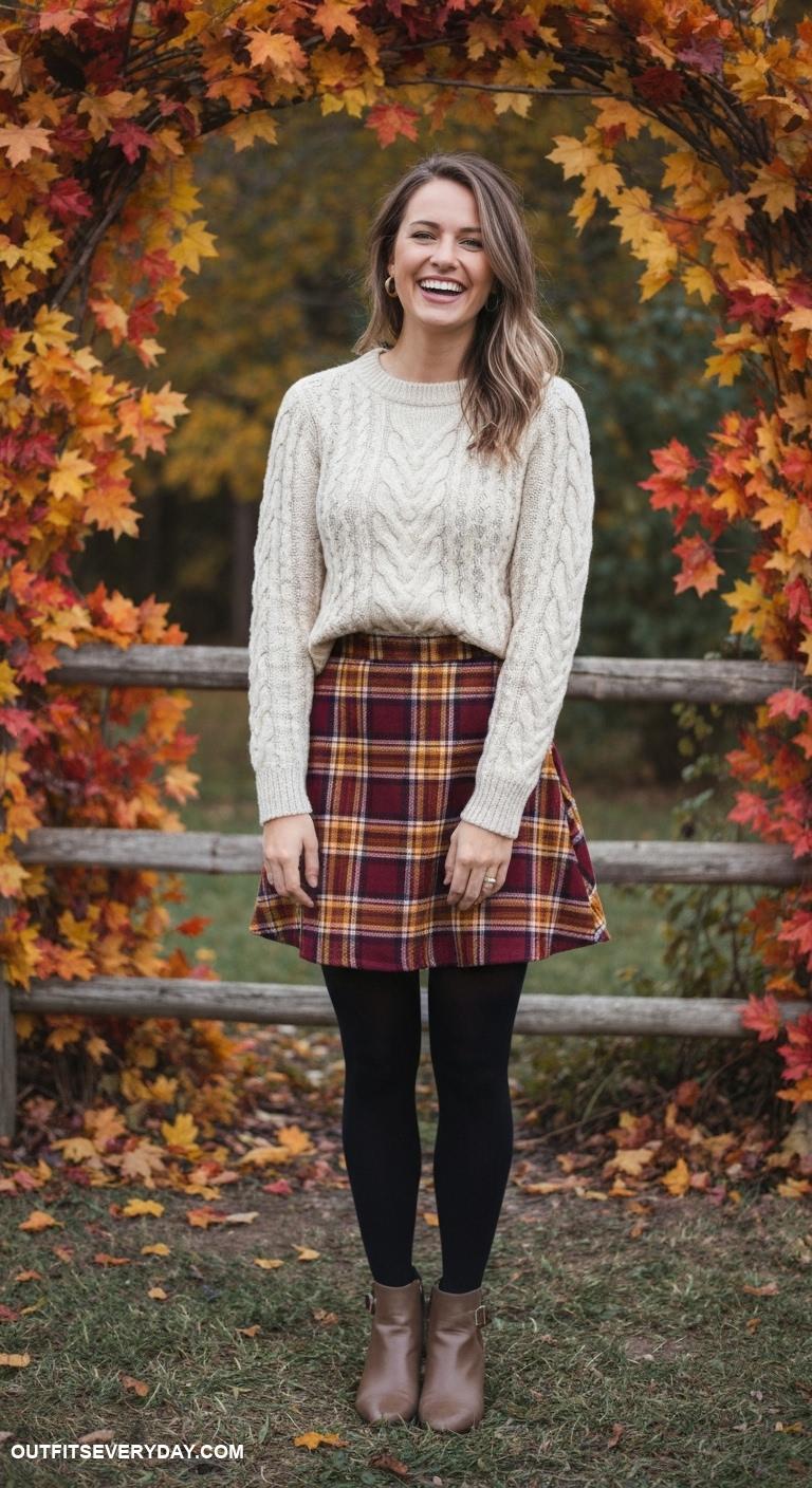 cute thanksgiving outfits Cozy cable knit sweater with a plaid skirt and tights