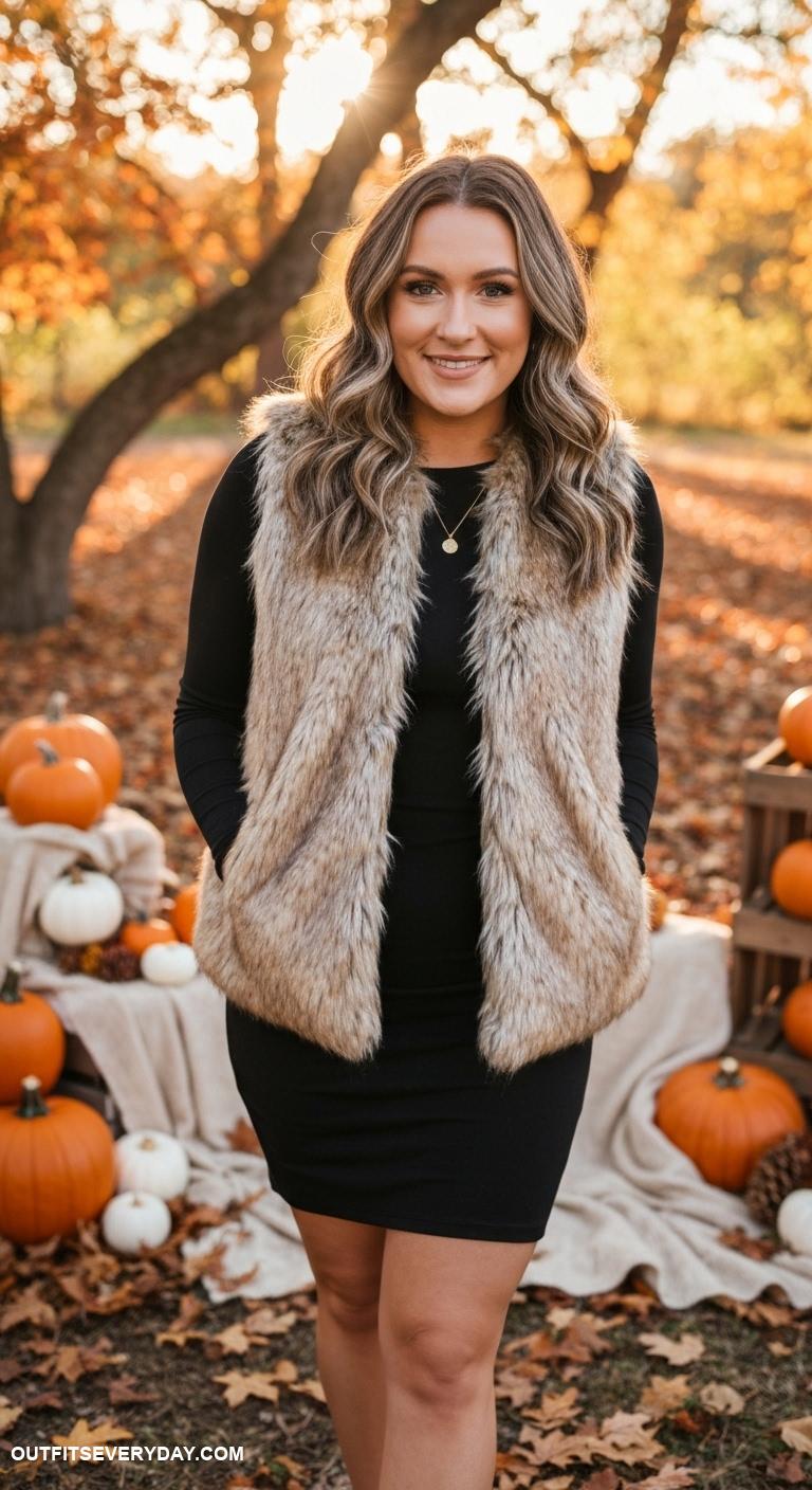 cute thanksgiving outfits Earth toned faux fur vest over a simple black dress