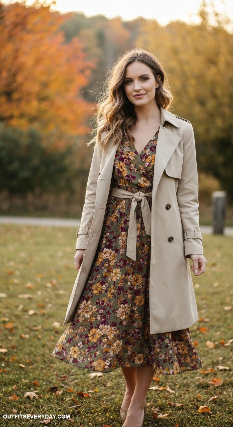 cute thanksgiving outfits Floral midi dress layered with a beige trench coat