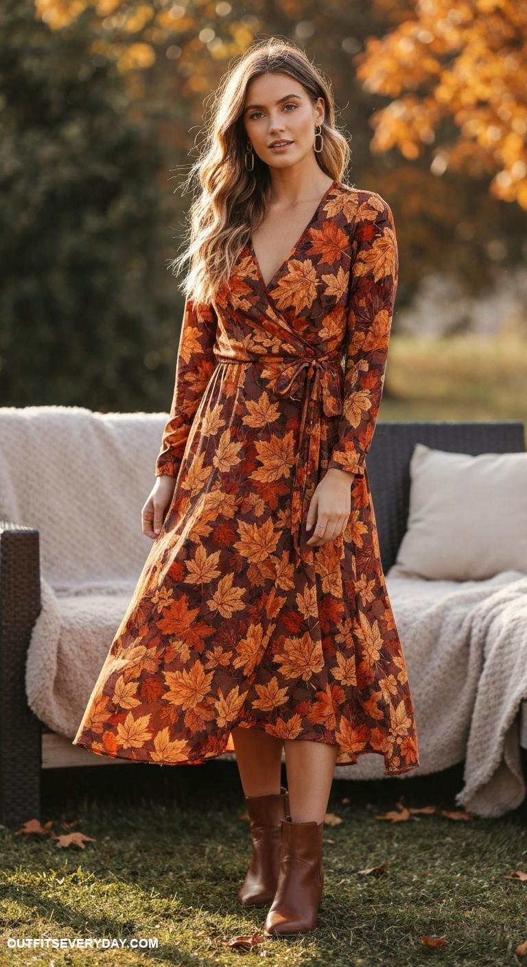 cute thanksgiving outfits Long sleeve wrap dress with autumn leaf prints and ankle boots