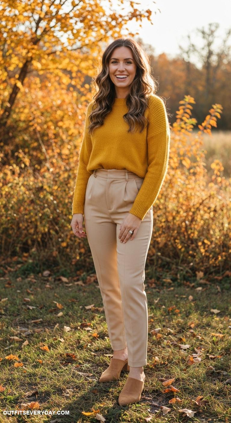 cute thanksgiving outfits Mustard yellow sweater with high waisted trousers and mules