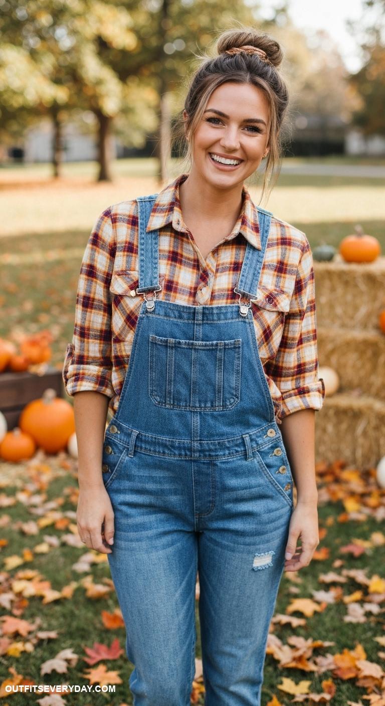 cute thanksgiving outfits Plaid flannel shirt paired with denim overalls