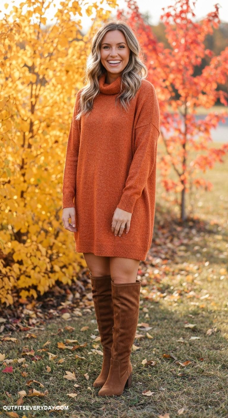 cute thanksgiving outfits Pumpkin spice sweater dress with knee high boots