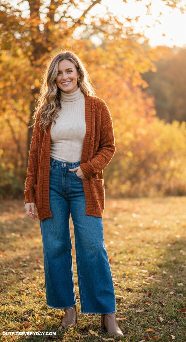 cute thanksgiving outfits Rust colored cardigan over a fitted turtleneck and wide leg jeans