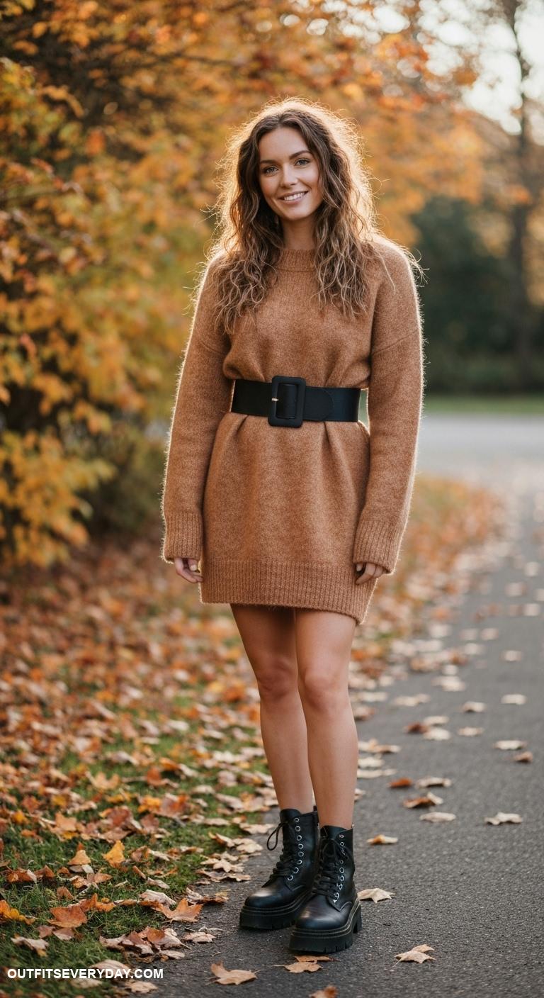 fall fashion outfits Accentuate a sweater dress with a wide belt and combat boots