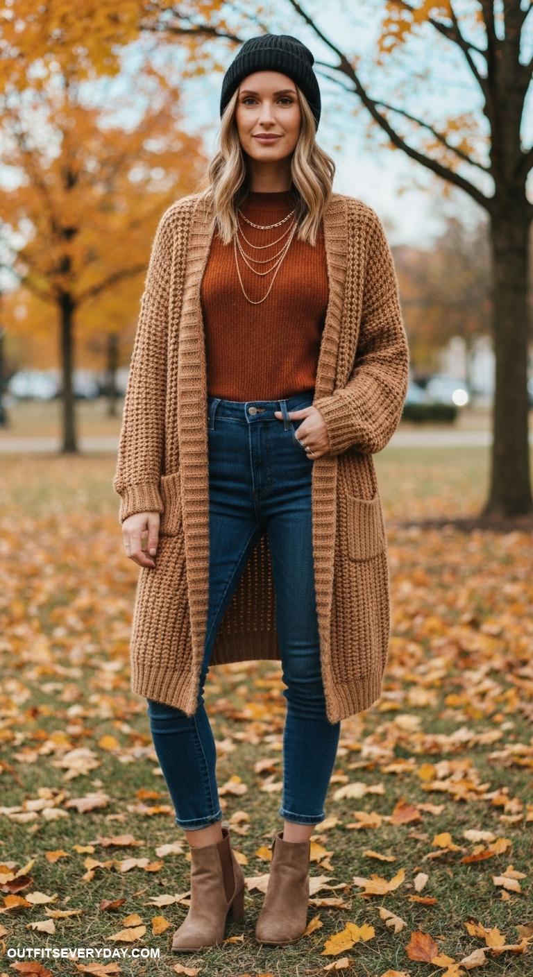 fall fashion outfits Accessorize a long cardigan with layered necklaces and a beanie hat