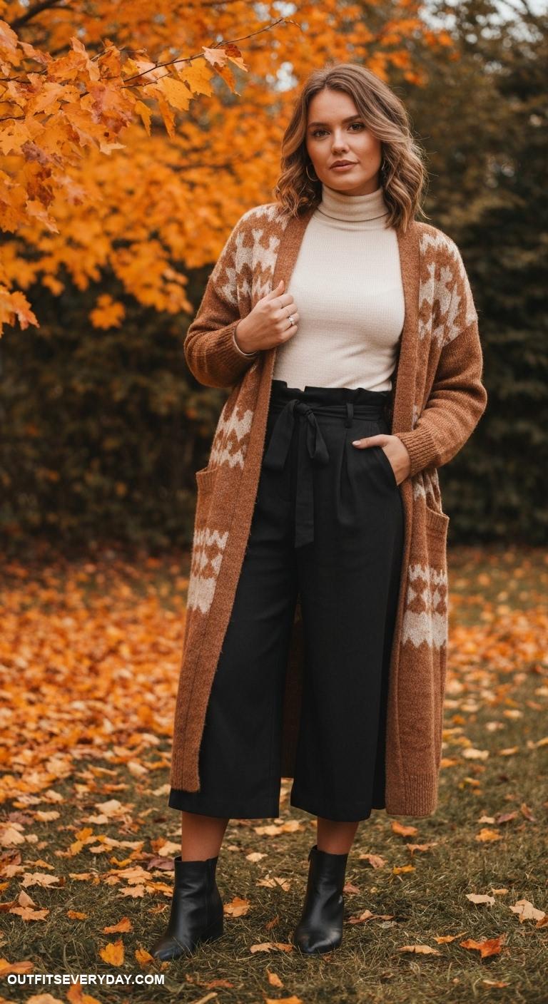 fall fashion outfits Choose a maxi cardigan to wear over a fitted turtleneck and culottes