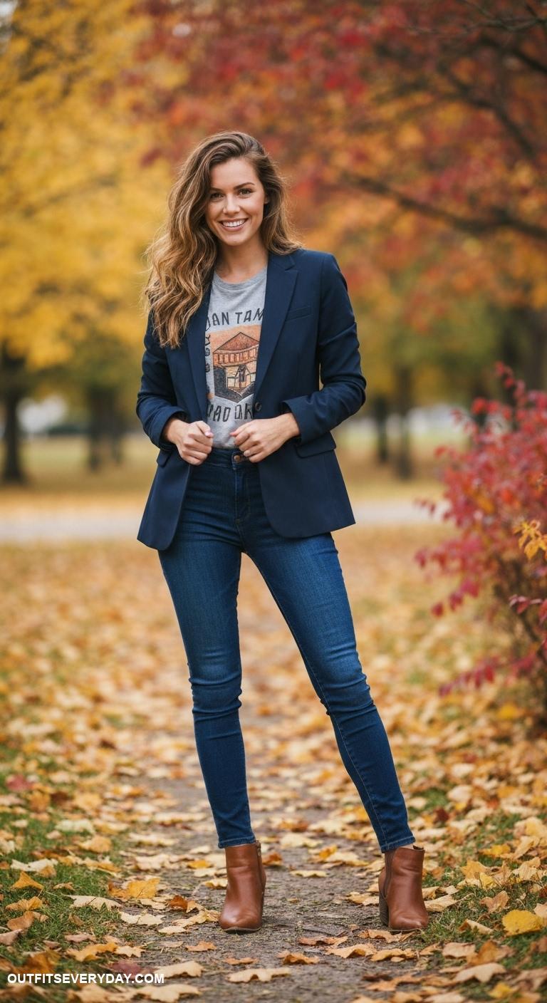 fall fashion outfits Combine a tailored blazer with a graphic tee and skinny jeans
