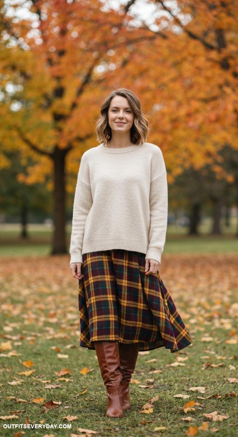 fall fashion outfits Layer a cozy oversized sweater with a plaid midi skirt