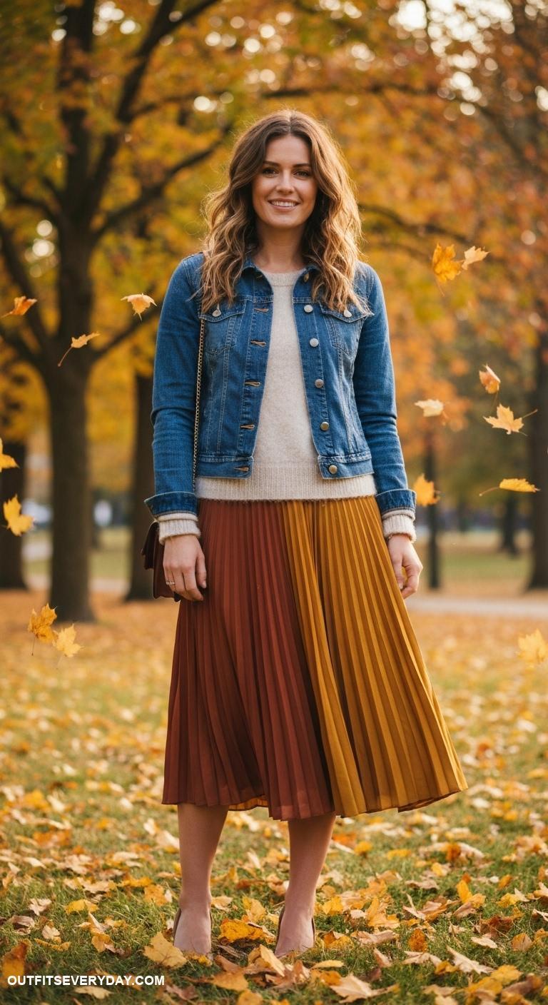 fall fashion outfits Opt for a denim jacket layered over a cashmere sweater and pleated skirt