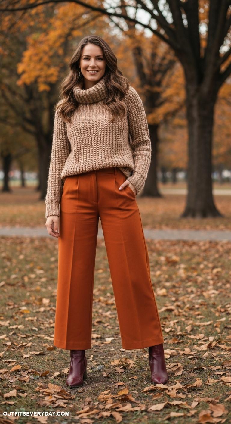 fall fashion outfits Pair wide leg trousers with a chunky knit turtleneck and ankle boots