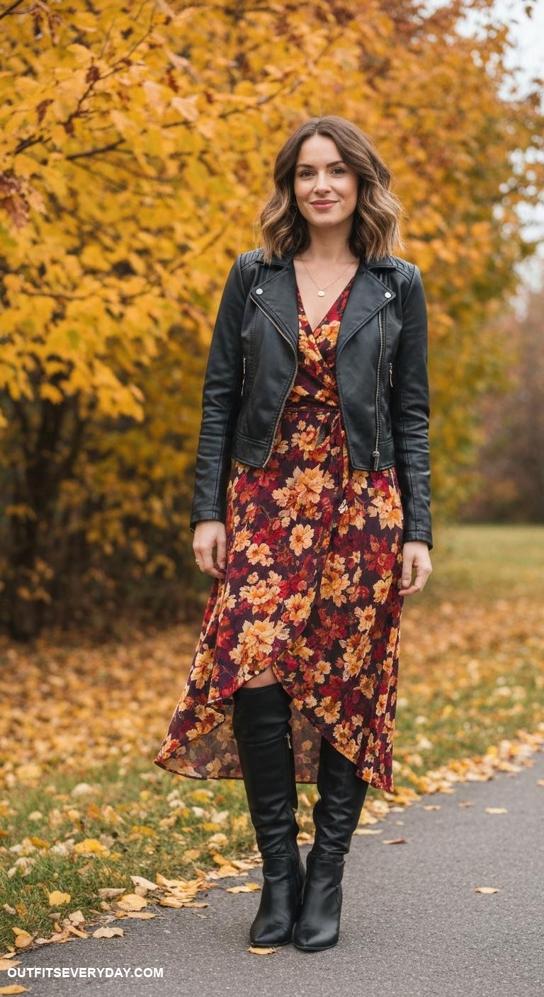 fall fashion outfits Style a fitted leather jacket over a floral wrap dress and knee high boots