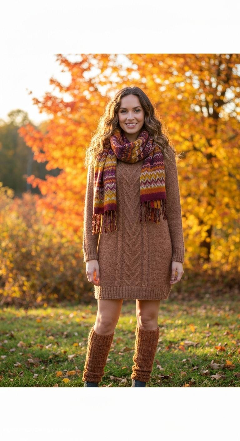 fall fashion outfits Wear a knit dress with a patterned scarf and slouchy knee high socks