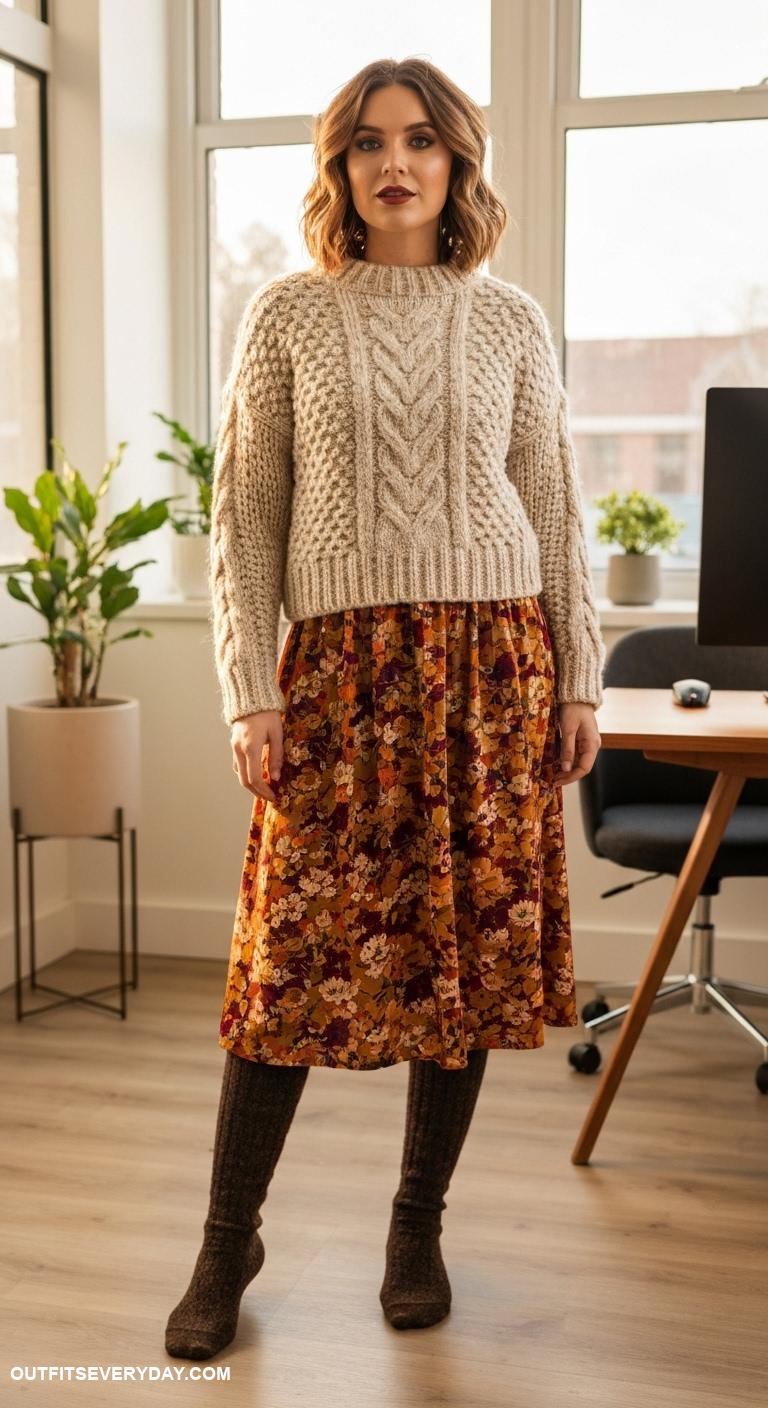 fall office outfits Chunky knit sweater layered over a floral midi dress with knee high socks