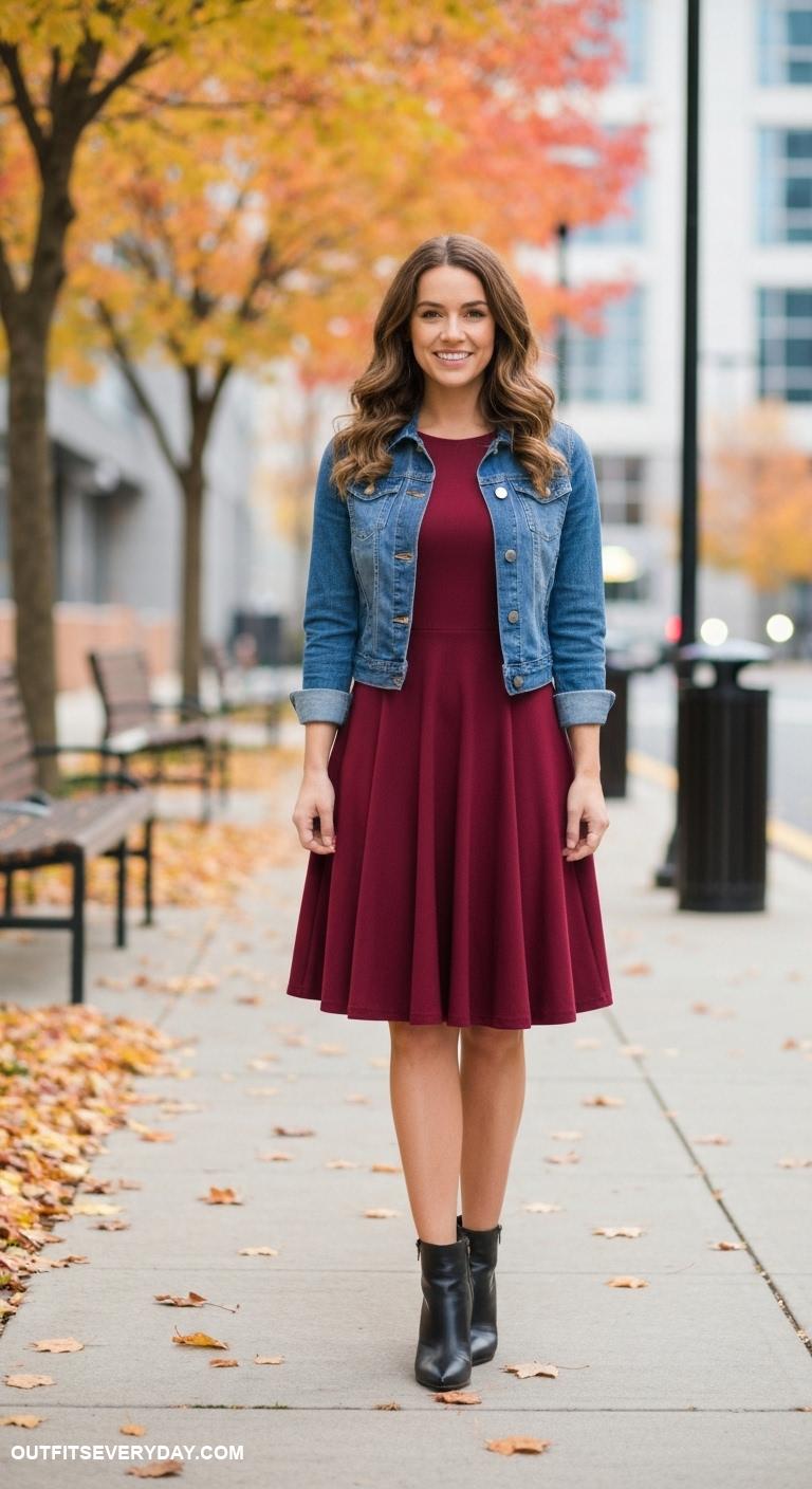 fall office outfits Knee length burgundy dress paired with ankle boots and a denim jacket