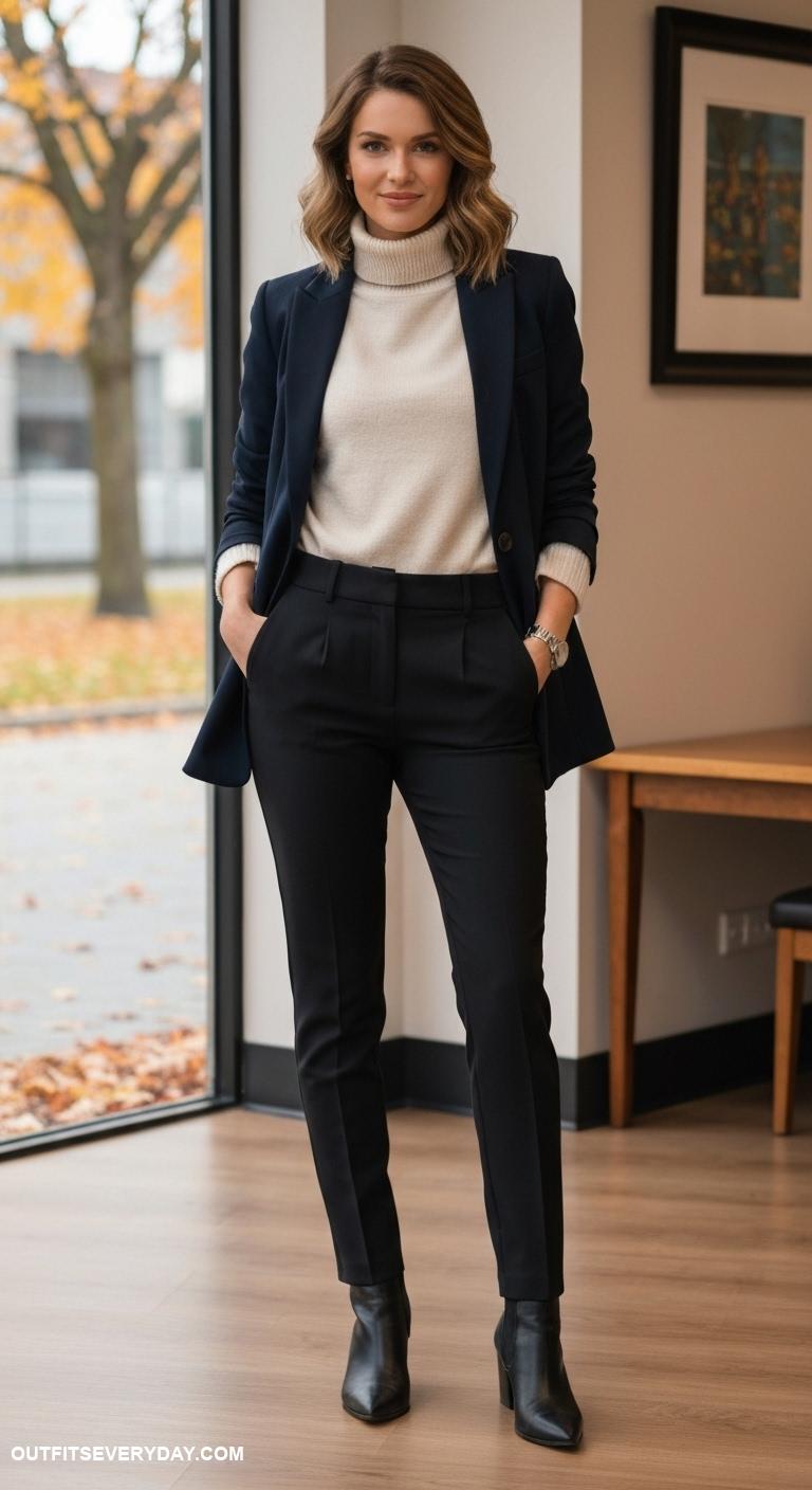 fall office outfits Navy blazer over cream turtleneck with tailored black trousers