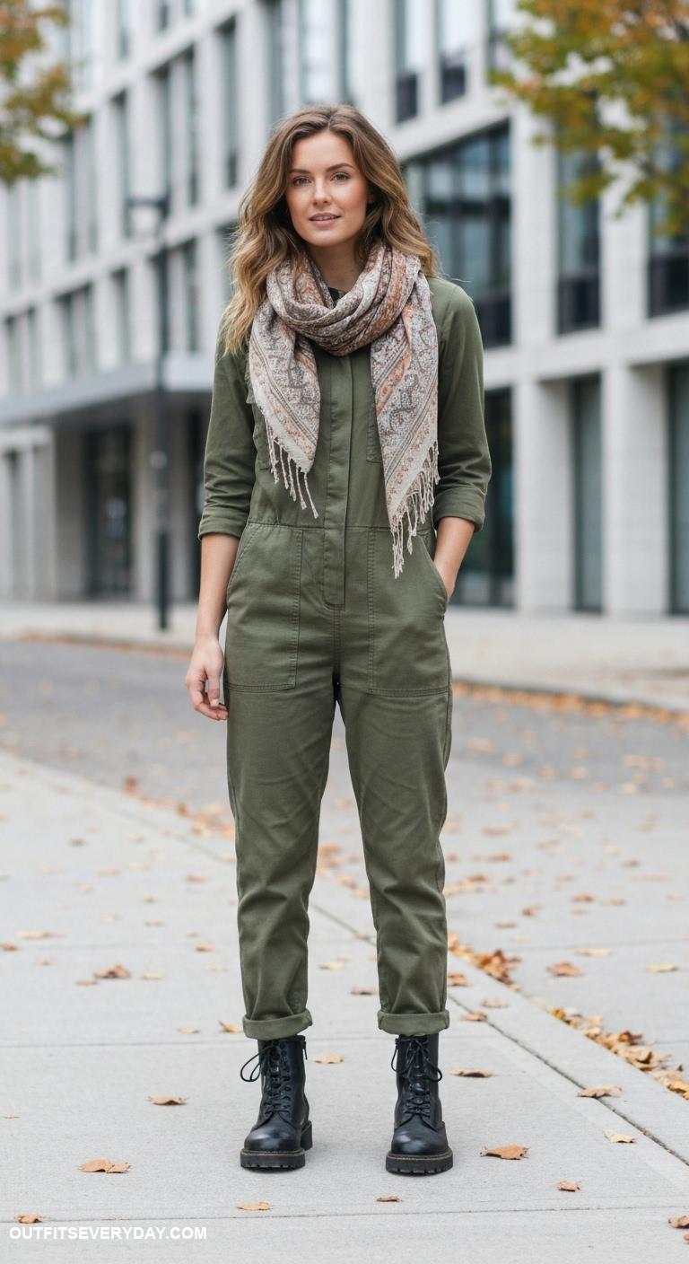 fall office outfits Olive green utility jumpsuit with a lightweight scarf and combat boots