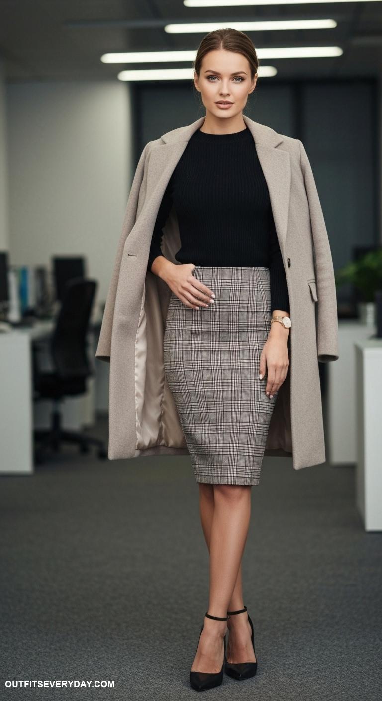 fall office outfits Plaid pencil skirt with a fitted black sweater and knee length coat